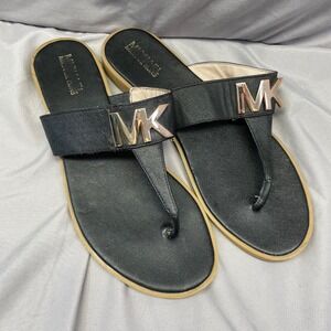 Michael Kors Womens Black Saffiano Leather Thong Sandals Gold MK Logo Size 9